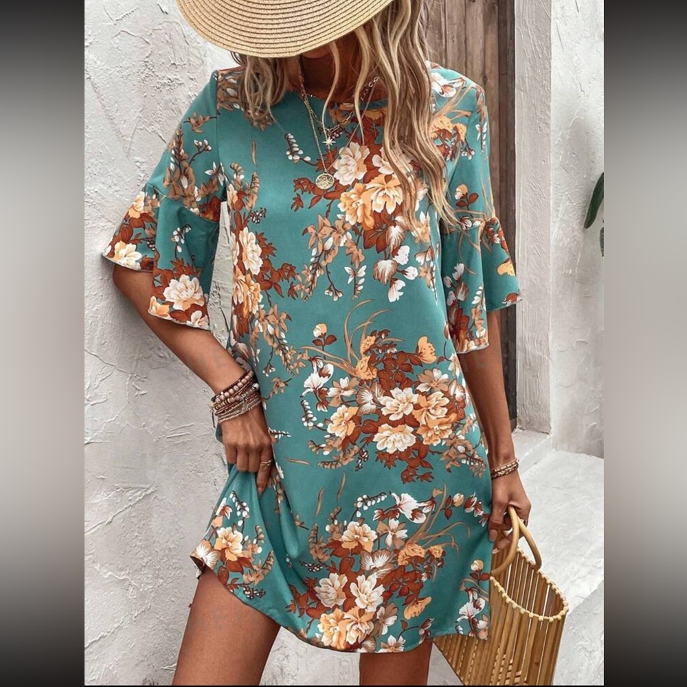 Turquoise floral dress with flowy sleeves